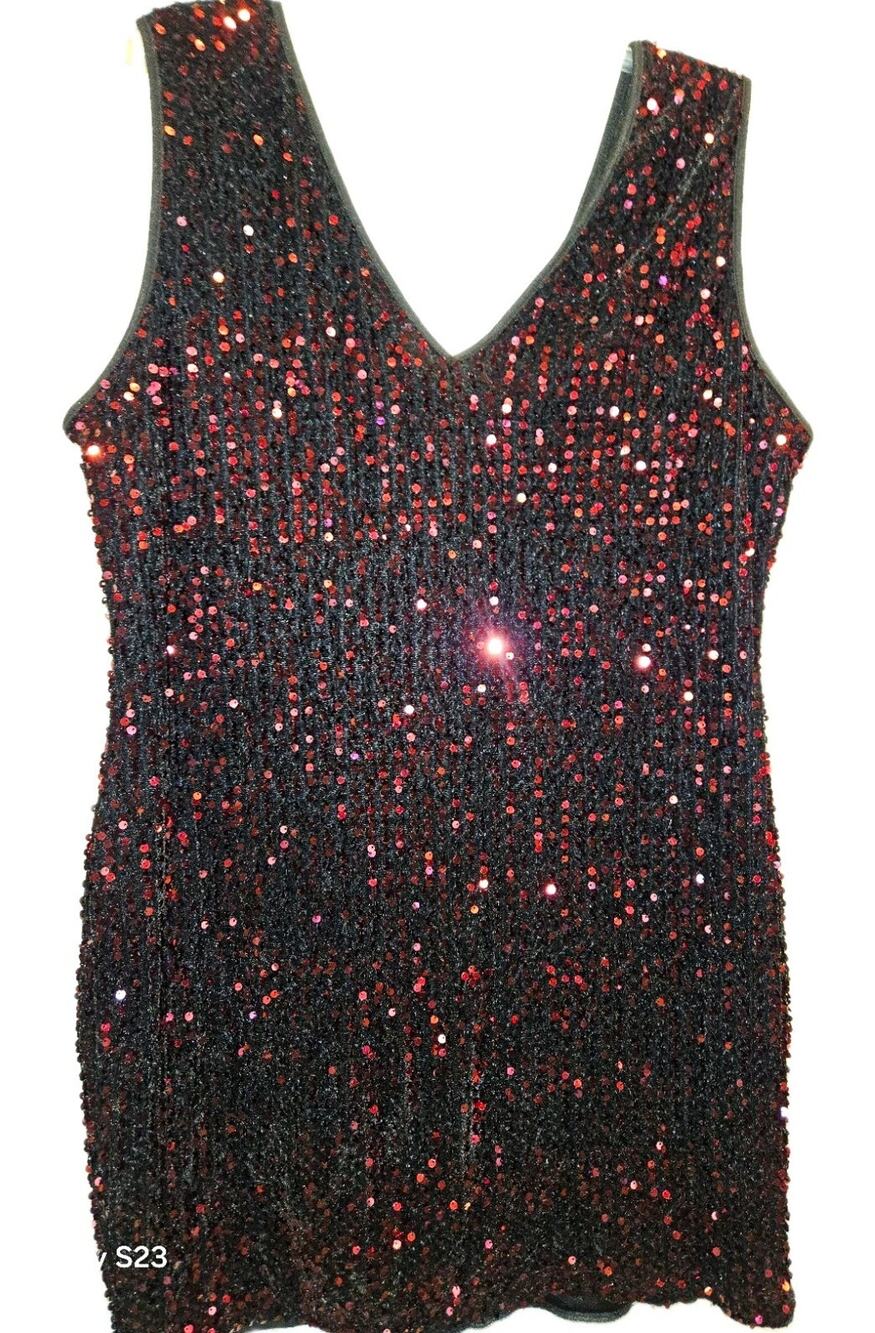 In'voland 22W Black Red Sequin Sheath Dress V-Neck Sleeveless Knee Party